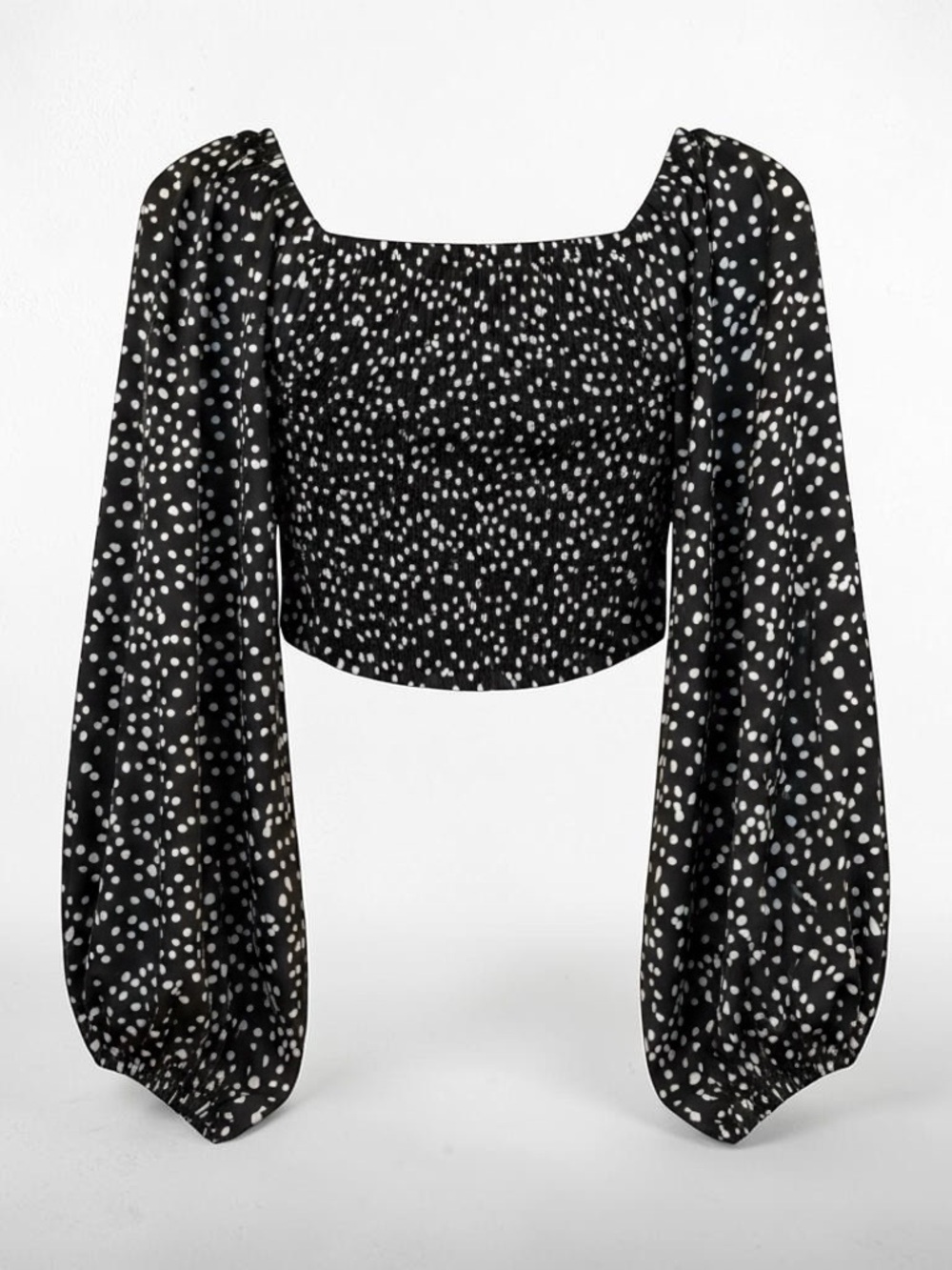 Black Polka Dot Square Neck Puff Sleeve Crop Top